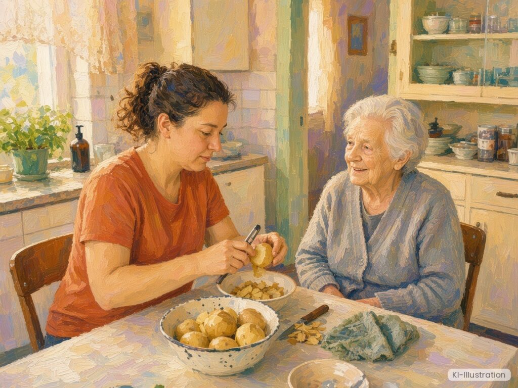 Aquarell-Illustration: Alltagshelferin schält Kartoffeln am Küchentisch, eine Seniorin sitzt daneben und erzählt